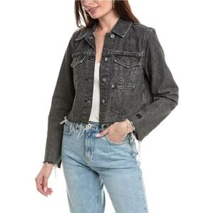 GANNI Womens Jacket Size EUR 42 / US Large Washed Black Denim Raw Hem Grunge